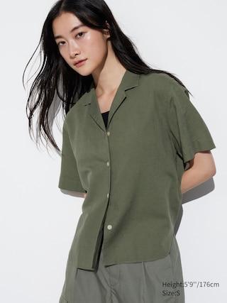 Womens Linen Blend Open Collar Short-Sleeve Shirt Olive Large UNIQLO US Product Image