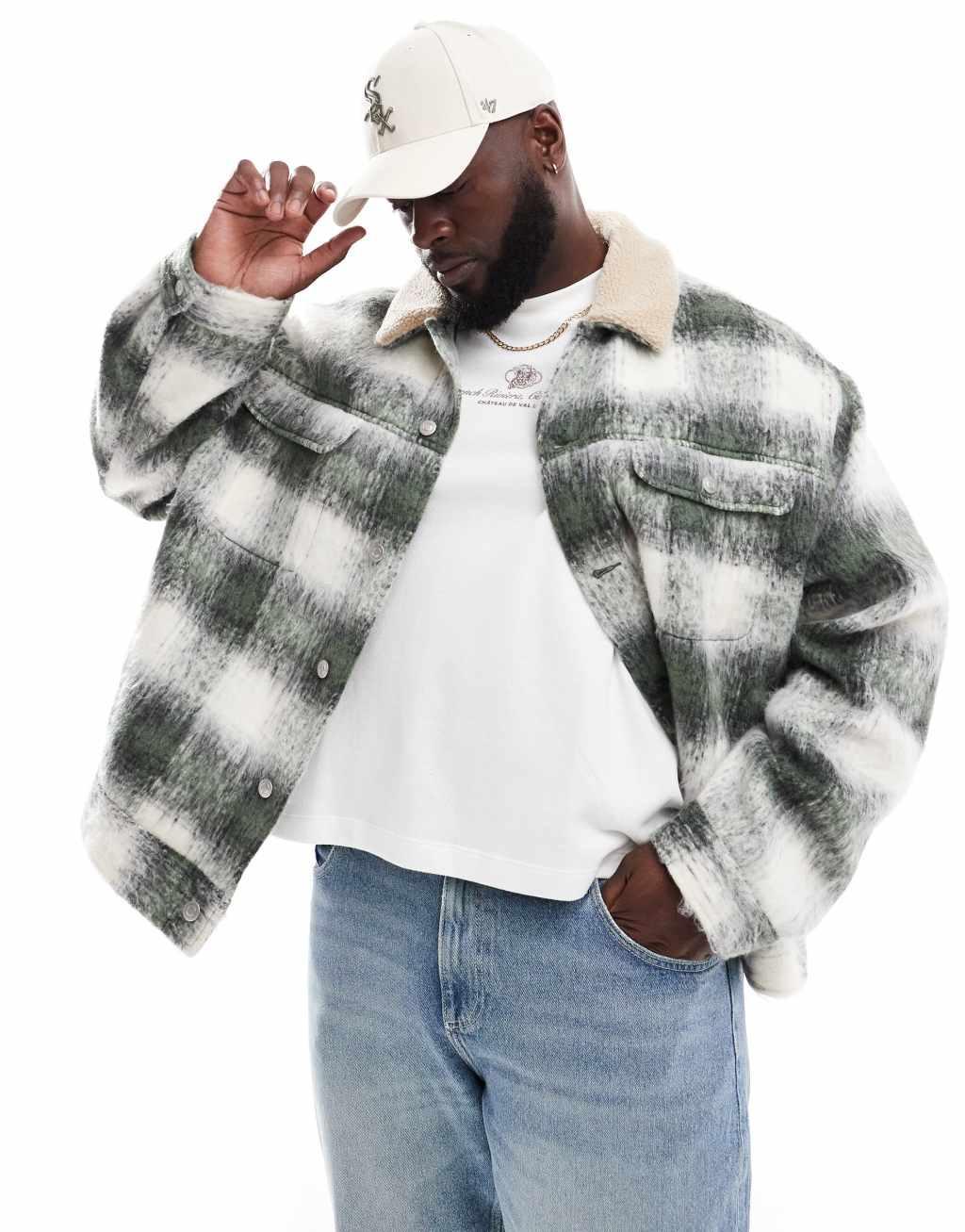 ASOS DESIGN oversized wool look harrington jacket in green plaid with borg collar Product Image