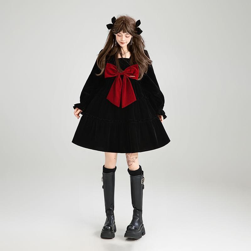 Long Sleeve  Square Neck Bow Velvet Mini A-Line Dress Product Image