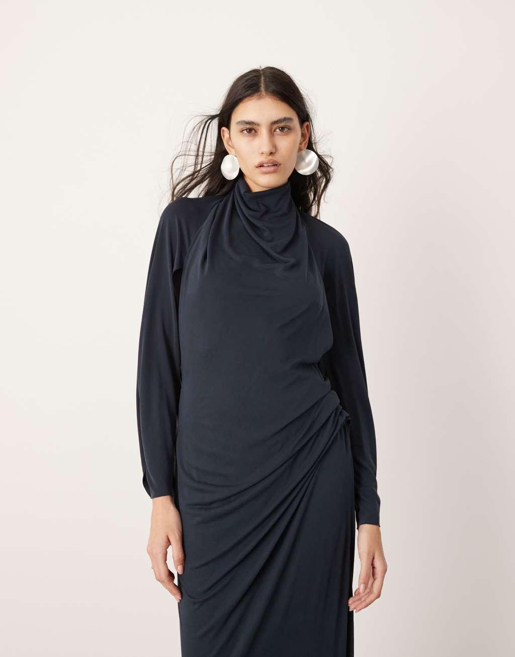 ASOS EDITION premium cowl back high neck maxi dress in dark blue Product Image