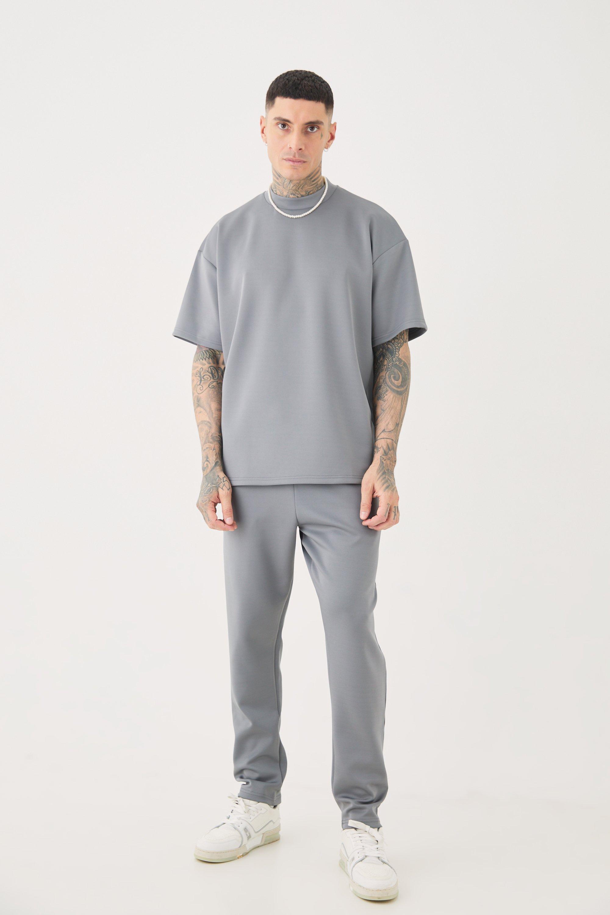 Mens Grey Tall Oversized Scuba T-shirt & Jogger Set, Grey Product Image