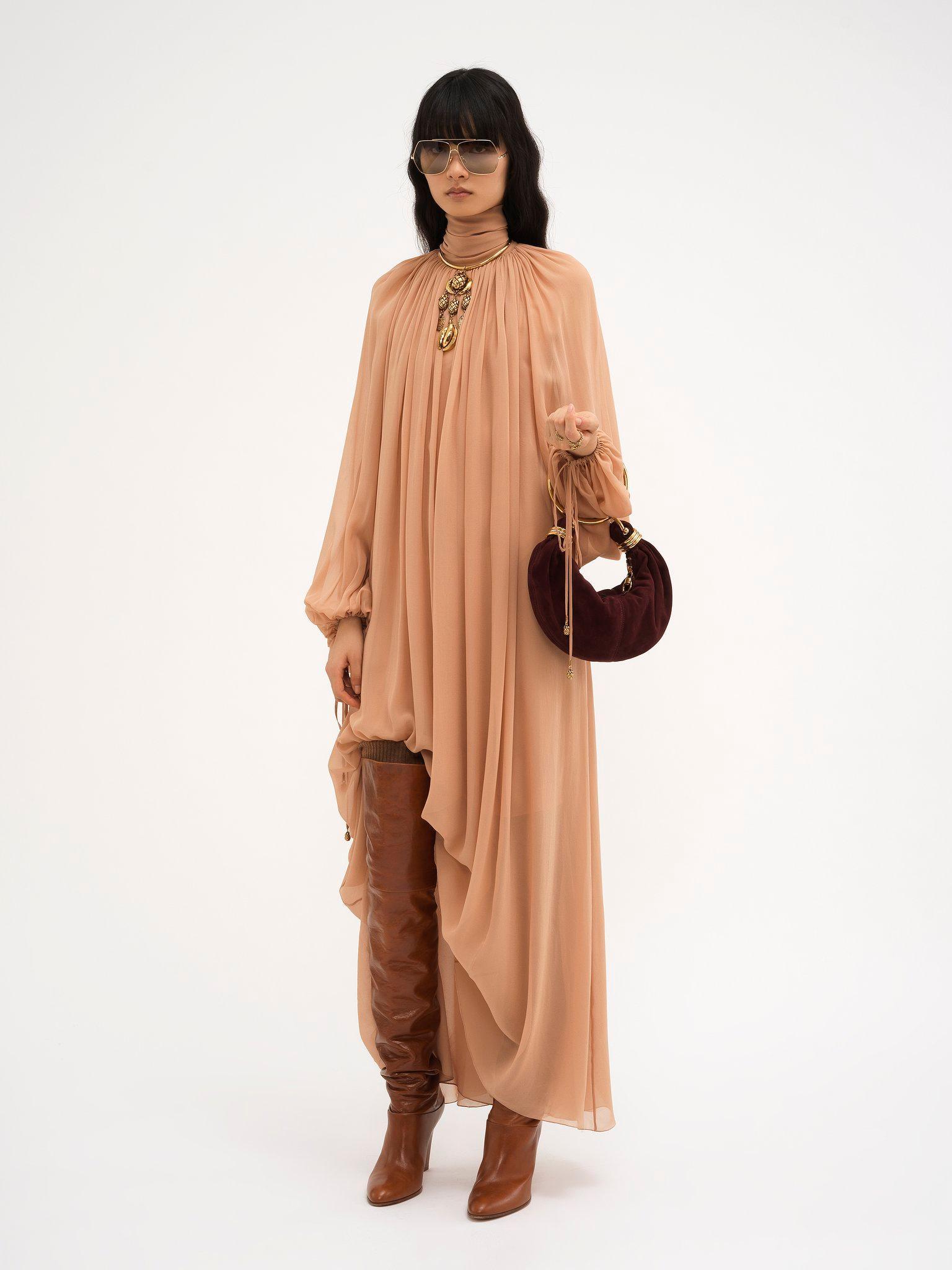 Mock-neck gathered long dress in silk georgette Product Image