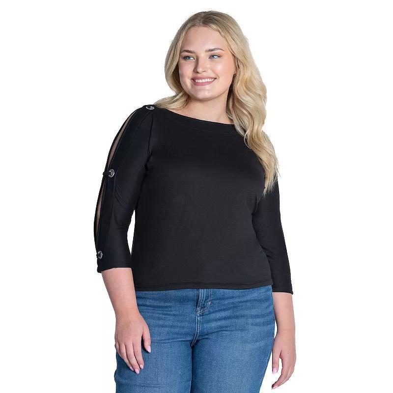 Plus Size 24Seven Comfort Apparel Boatneck 3/4-Sleeve Grommet Detailed Top, Womens Product Image