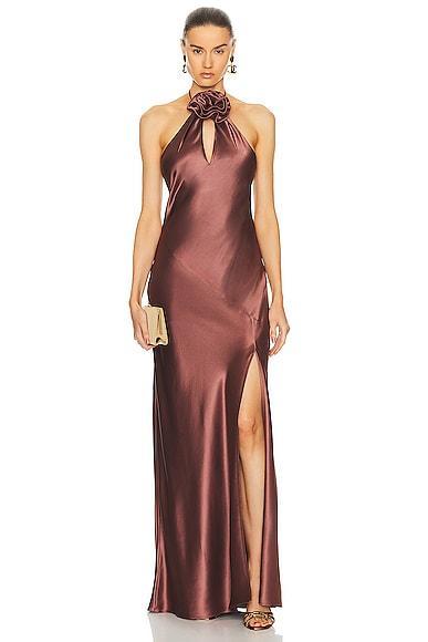 NICHOLAS Ana Halter Dress With Removable Flower in Brown Product Image