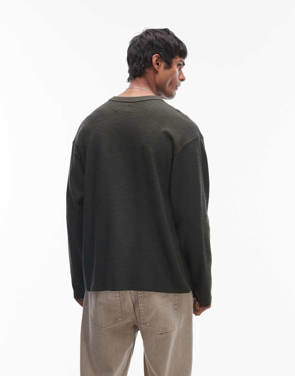 Topman oversized fit textured heavy weight henley t-shirt in khaki Product Image