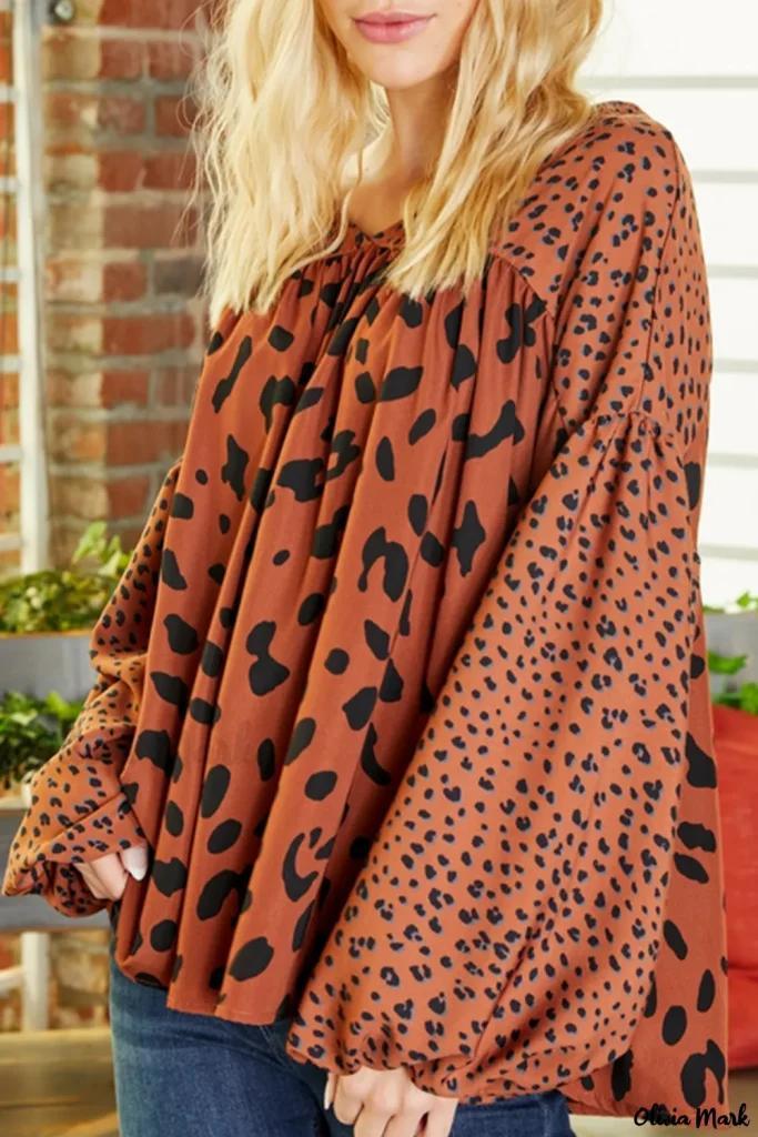 Olivia Mark – Stylish Brown Contrast Leopard Print Blouse with Chic Bubble Sleeves Product Image