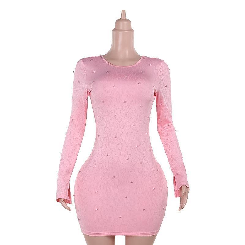 Long Sleeve Crew Neck Faux Pearl Detail Backless Bodycon Mini Dress Product Image