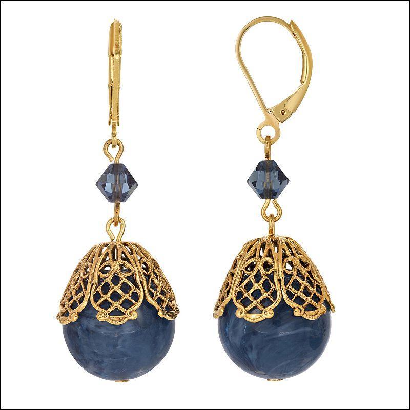 1928 Gold Tone Filigree Blue Bead Drop Earrings, Womens Product Image