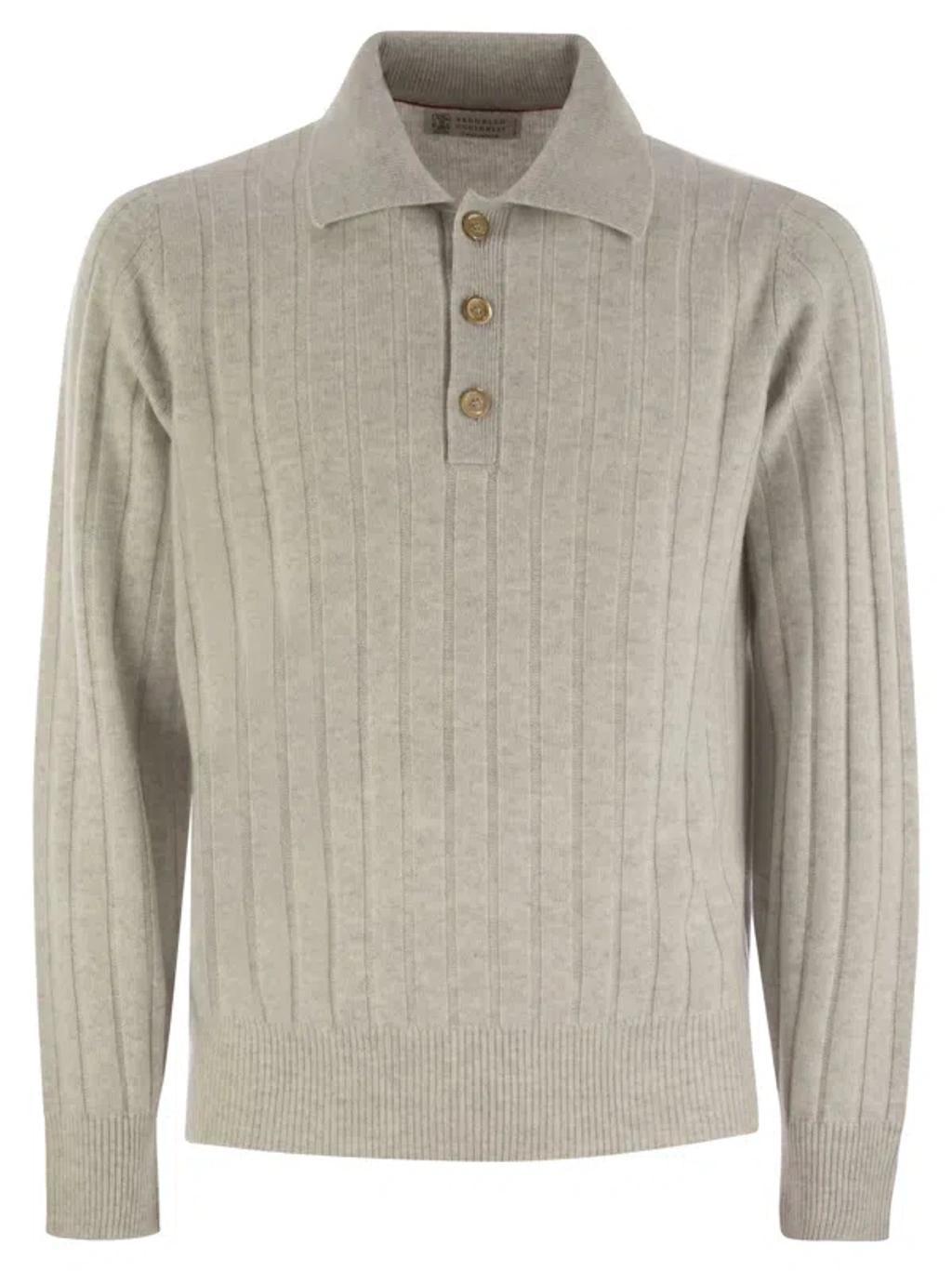 BRUNELLO CUCINELLI Cashmere Knit Polo Shirt In Fog Product Image