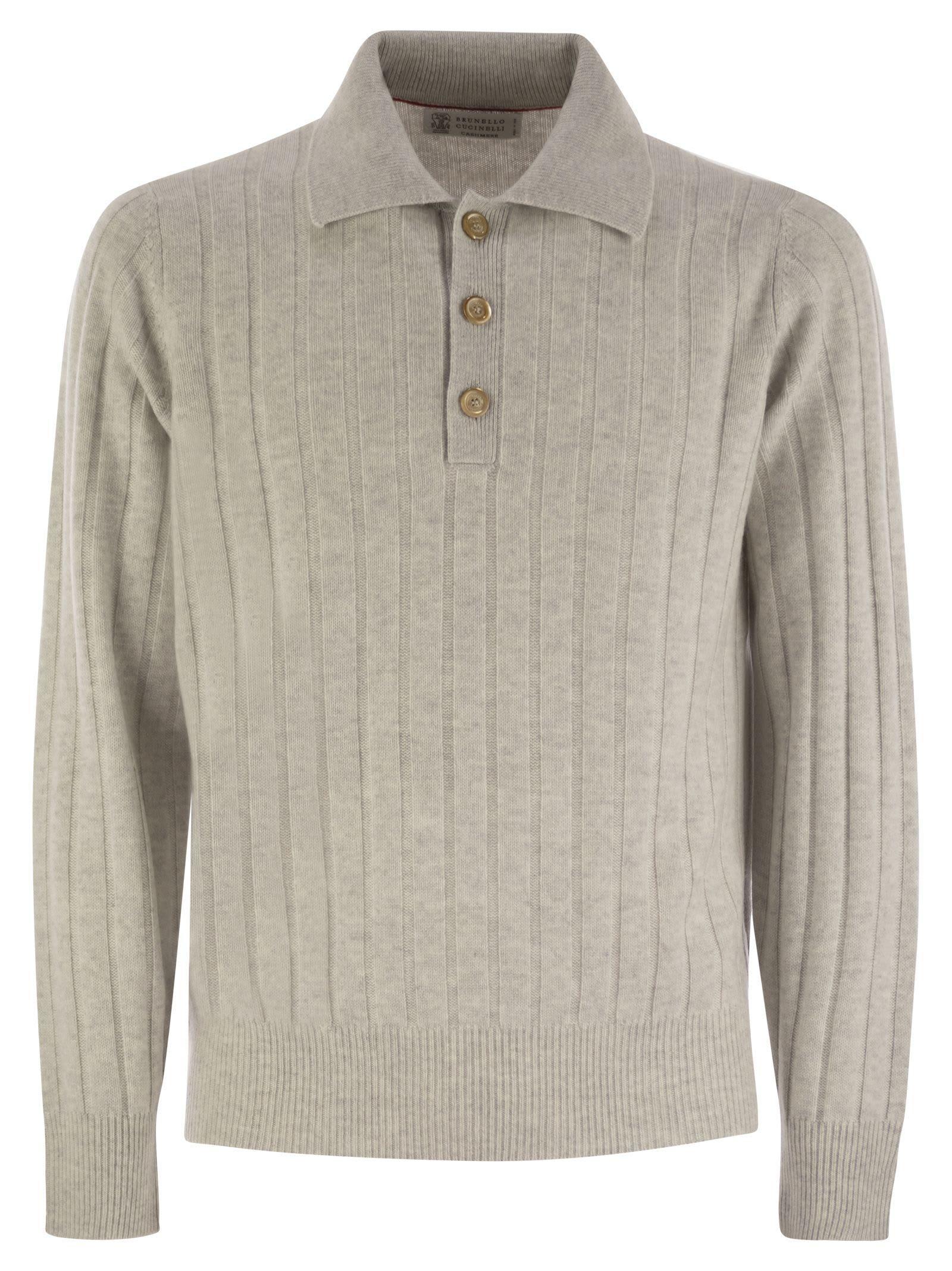 BRUNELLO CUCINELLI Cashmere Knit Polo Shirt In Fog Product Image