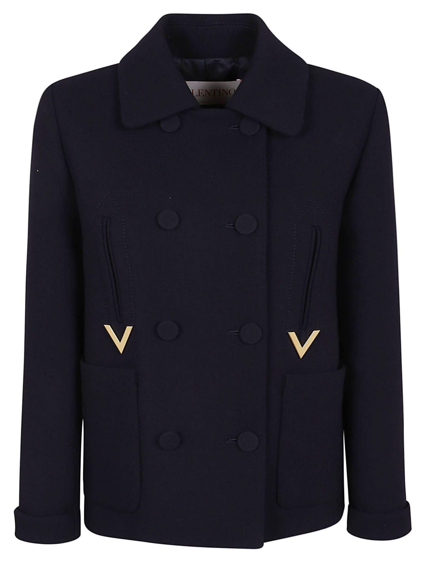 VALENTINO Elegant Double Crepe Wool-blend Jacket In Navy Product Image