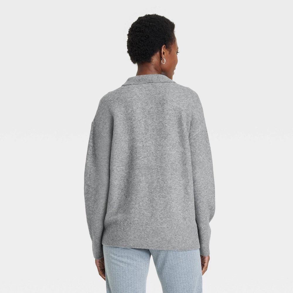 Women's Cozy Knit Polo Collar Pullover Sweater - A New Day™ Gray M Product Image