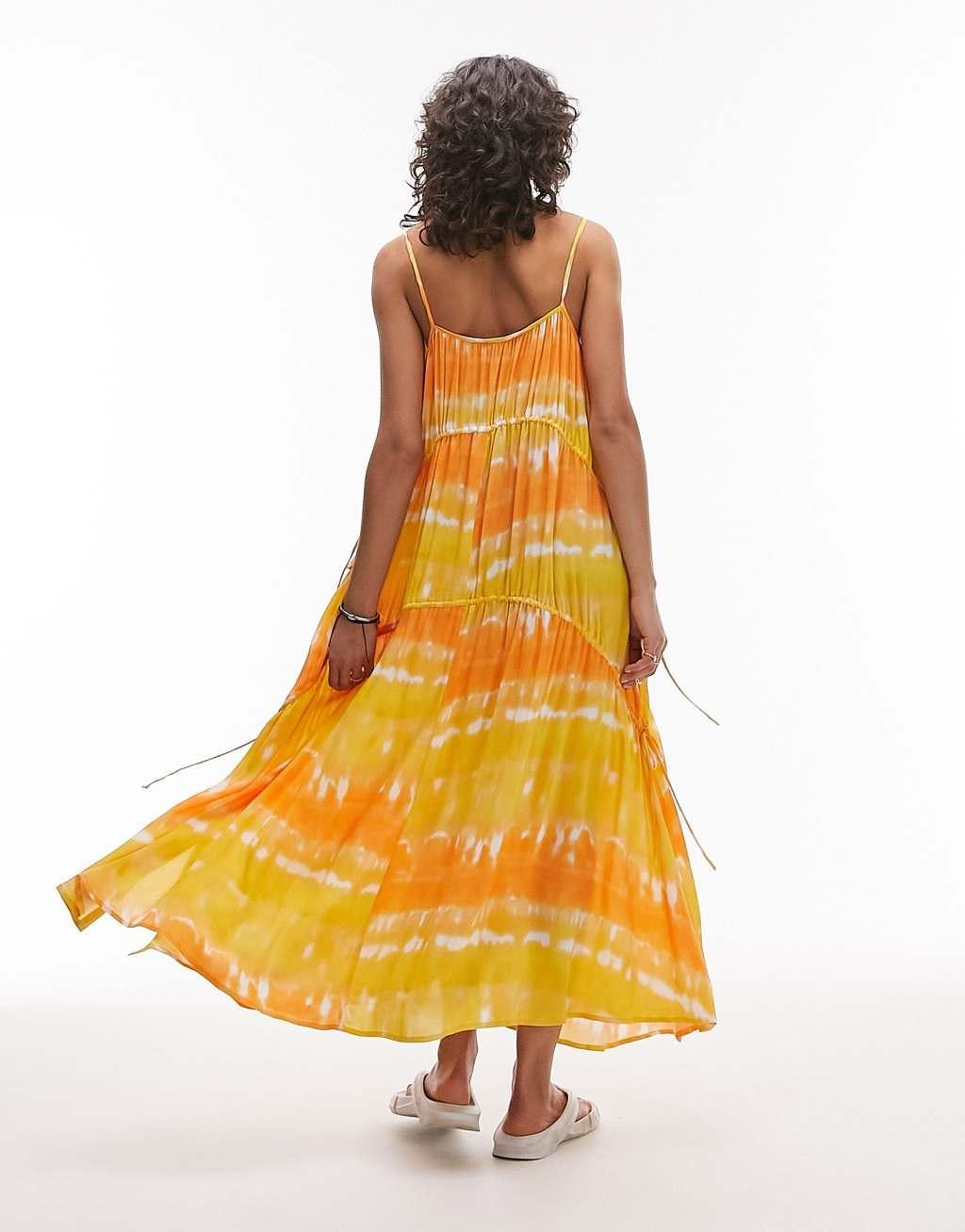 Topshop ruche tie side maxi beach dress in orange and yellow Product Image