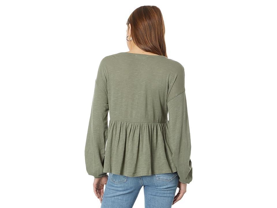 Lucky Brand Beaded Embroidered Pin Tuck Peplum Top (Balsam Green) Women's Clothing Product Image