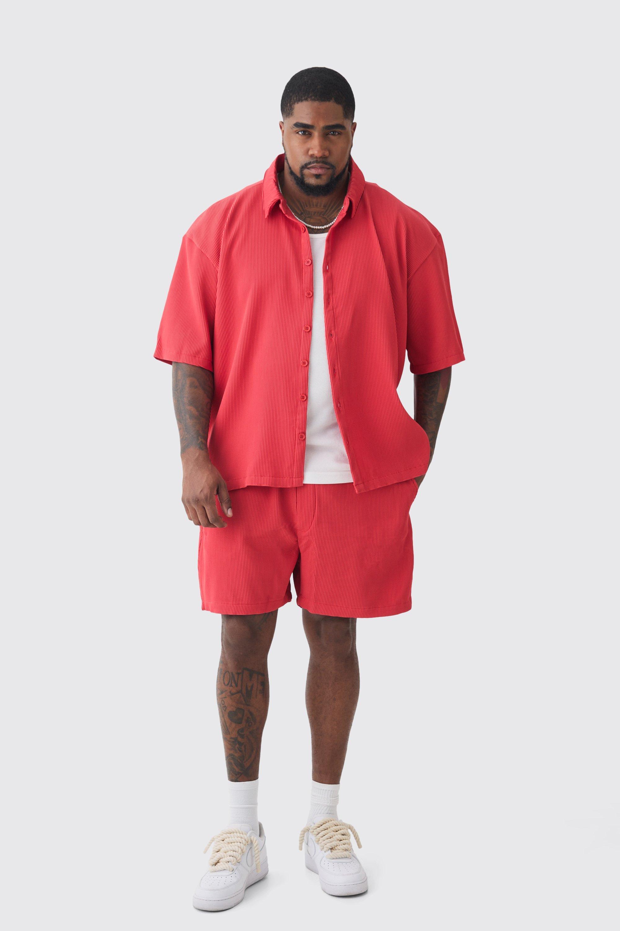 Plus Oversized Short Sleeve Pleated Shirt & Short Set In Red | boohooMAN USA Product Image