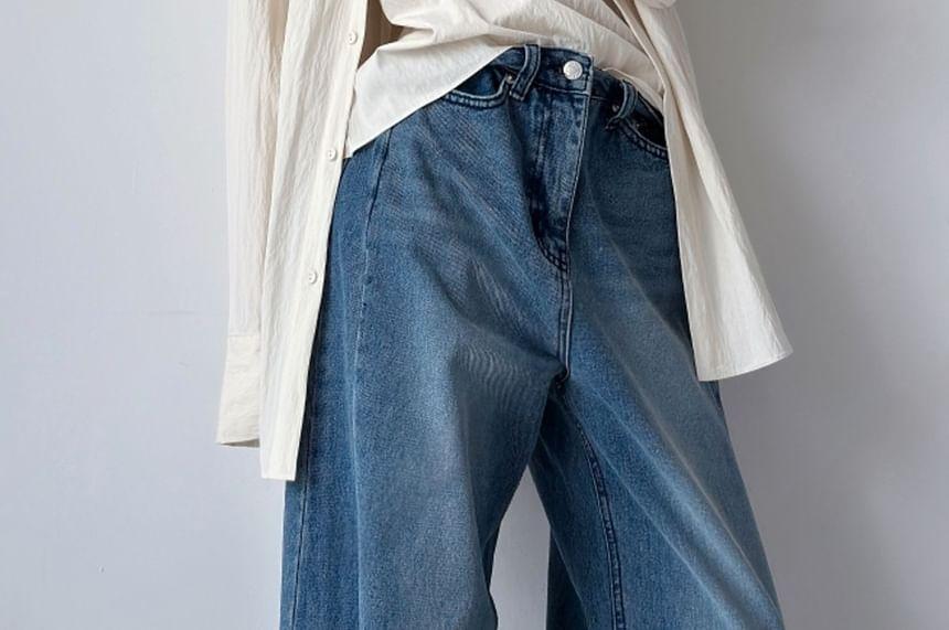 Set: Long-Sleeve Plain Loose-Fit Shirt + Camisole Top Product Image