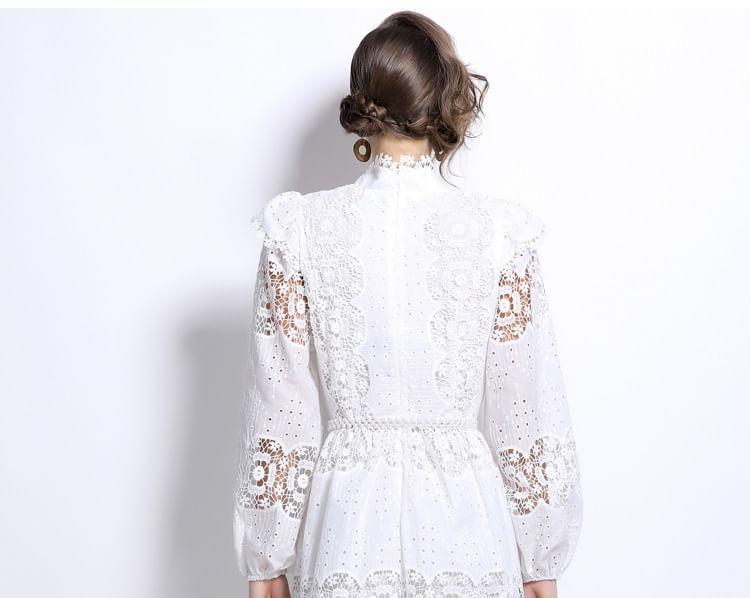 Set: Long Sleeve Stand Collar Plain Button Panel Lace Midi A-Line Dress + Belt Product Image