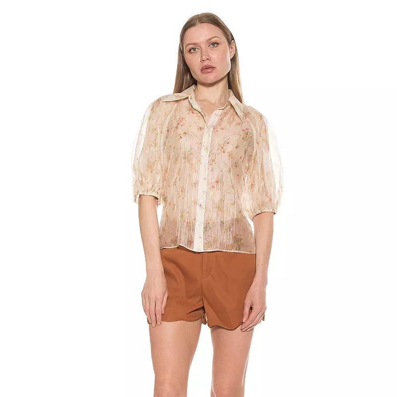 Womens ALEXIA ADMOR Billie Sheer Collared Puff Sleeve Button Down Shirt Brown Floral Product Image