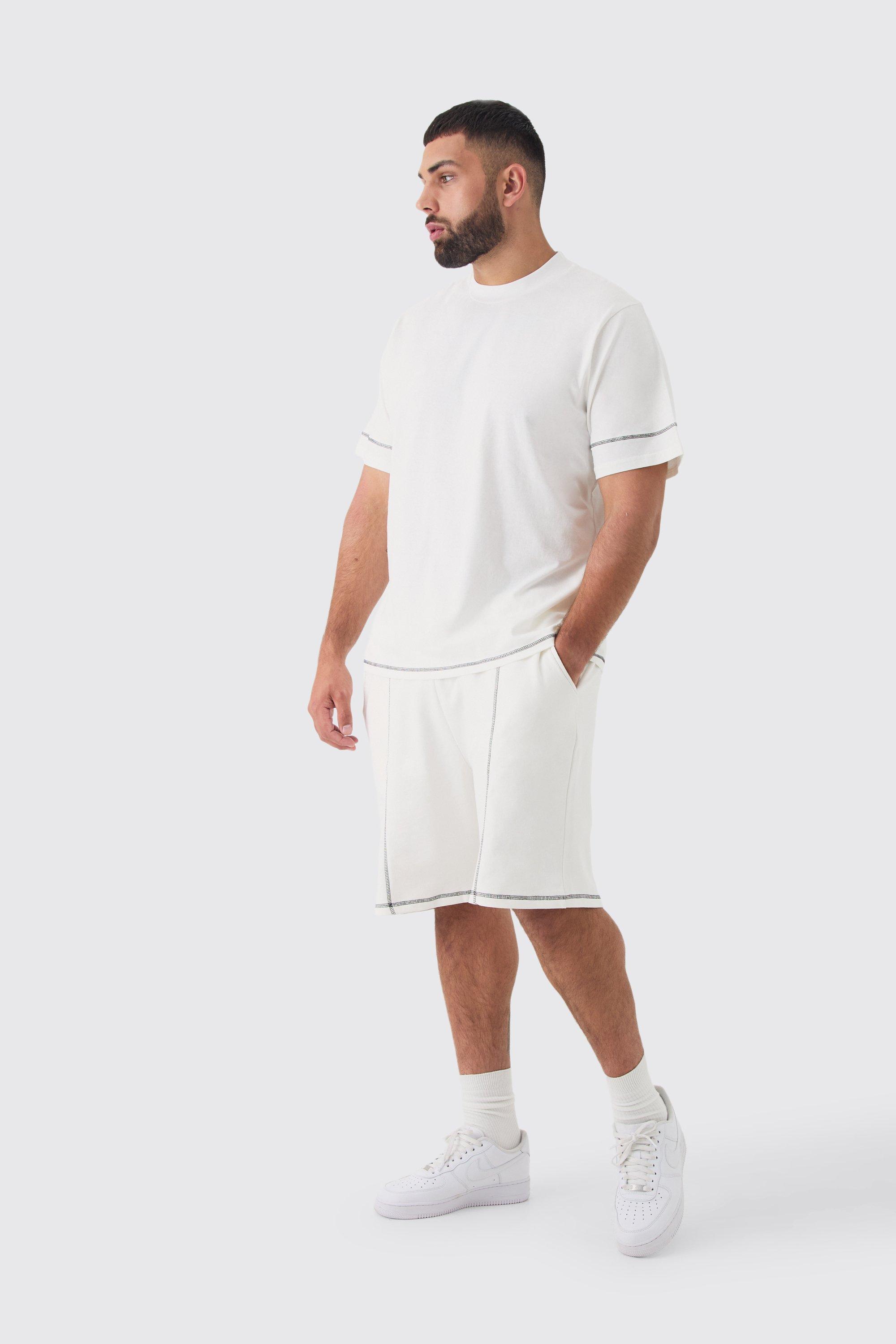 Plus Oversized Extended Neck Contrast Stitch T-shirt & Short Set | boohooMAN USA Product Image