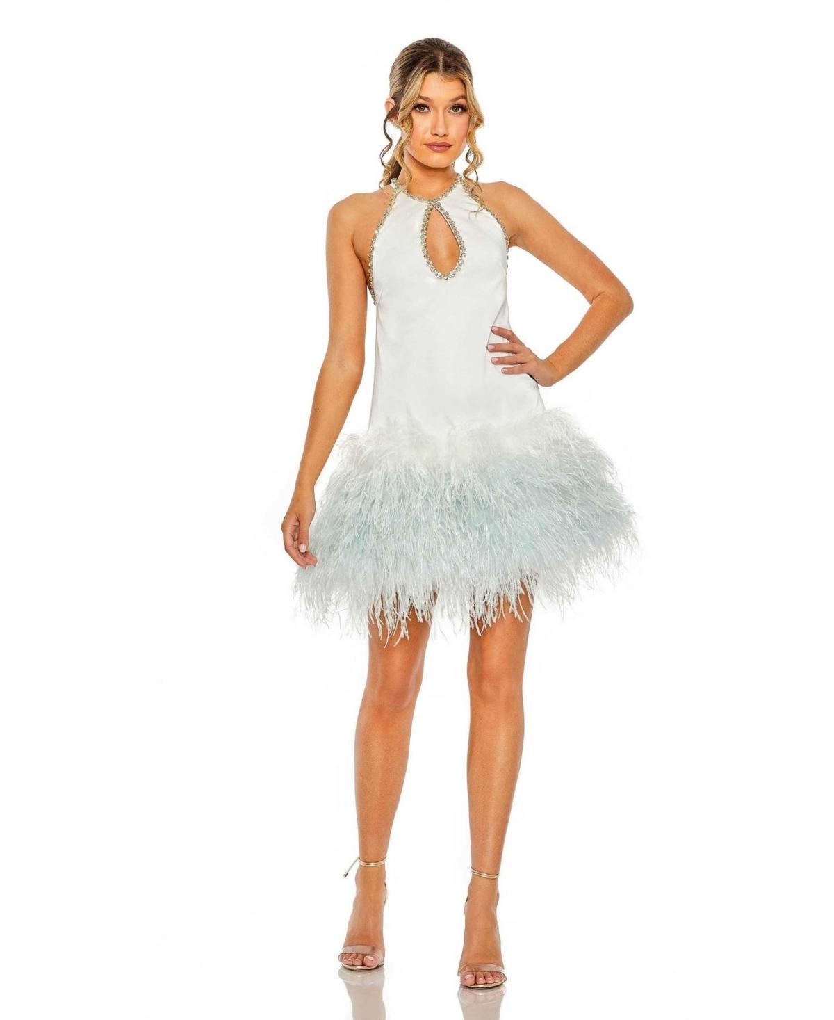 Womens Feather-Trim Halterneck Dress Product Image