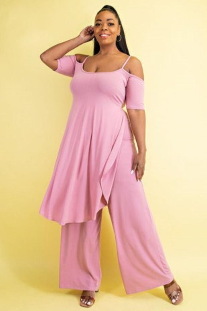 Pink Cold Shoulder Pant Suit Product Image