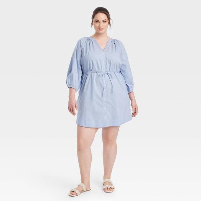 Womens Balloon 3/4 Sleeve Mini Shirtdress - A New Day Blue/White Pinstripe 4X Product Image