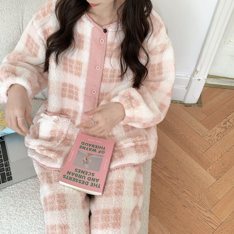 Pajama Set: V-Neck Plaid Bow Button Jacket + Straight Leg Pants Product Image