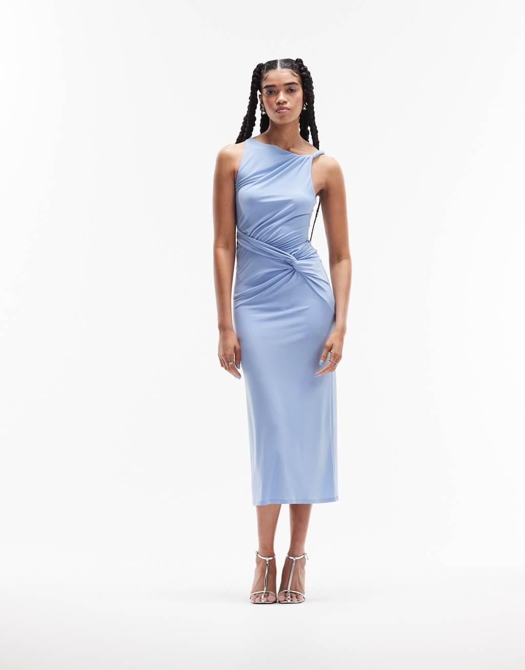 ASOS DESIGN twisted high neck mesh midi dress in pale blue Product Image