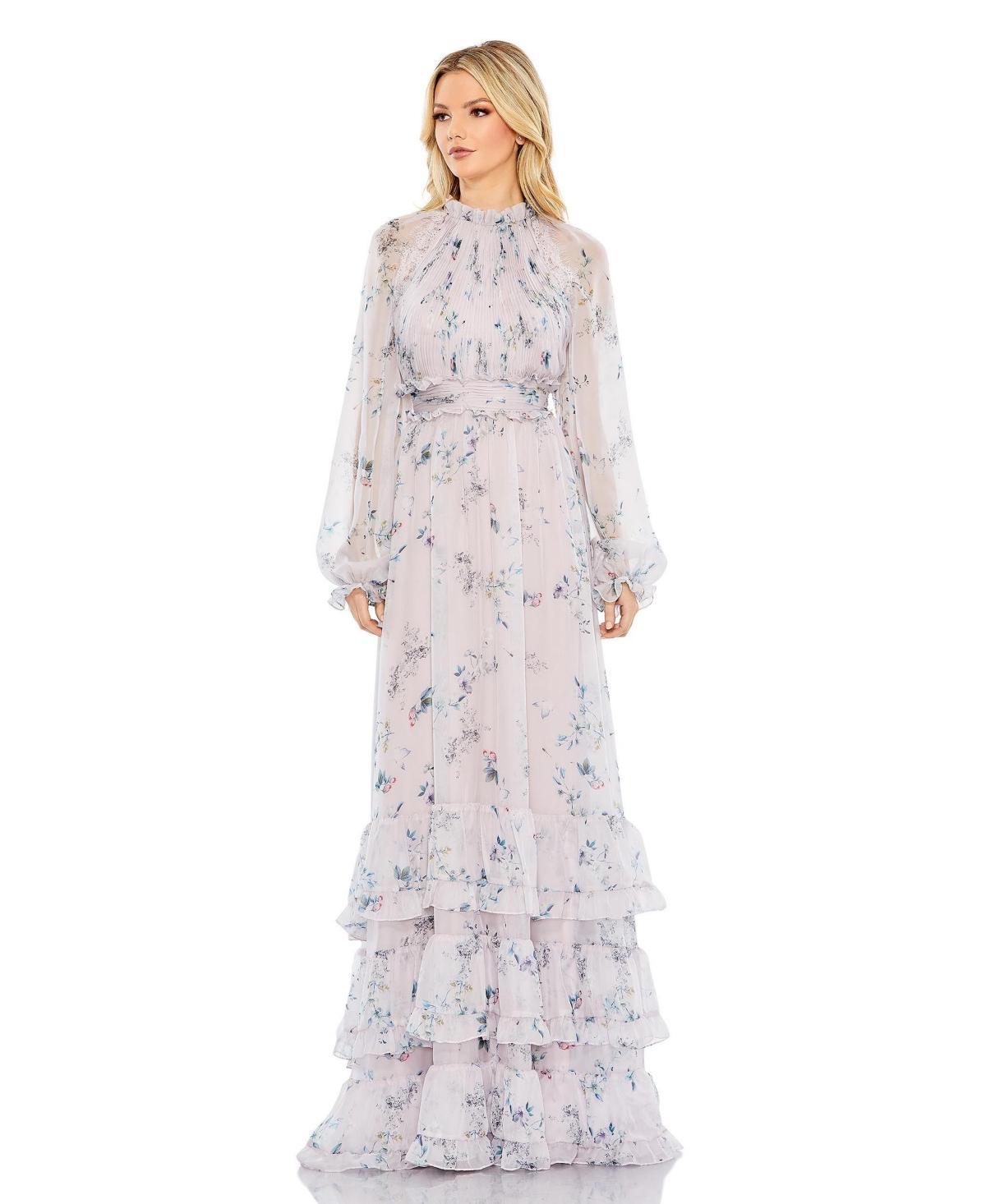 Womens Floral Print Ruched Raglan Sleeve Tiered Gown Product Image