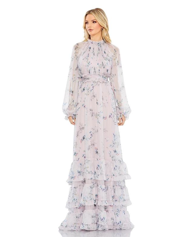 Mac Duggal Floral Print Mock Neck Ruched Long Raglan Sleeve Tiered Gown Product Image