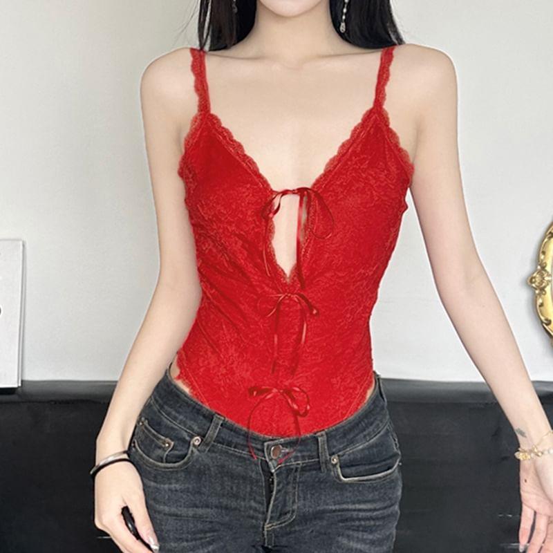 Spaghetti Strap V-Neck Plain Bow Lace Bodysuit Top Product Image