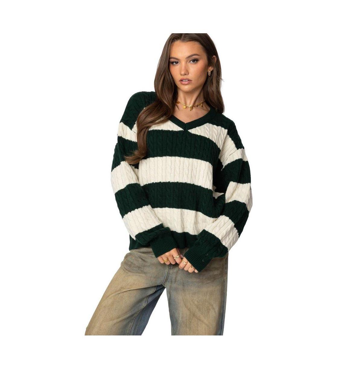 Edikted Womens Oversized Striped Cable Knit Sweater Product Image