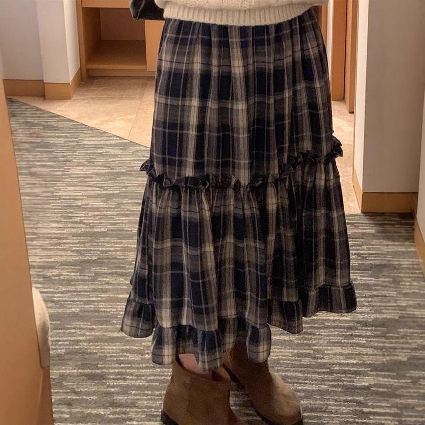 High Waist Plaid Ruffled-Trim Midi A-Line Skirt Product Image