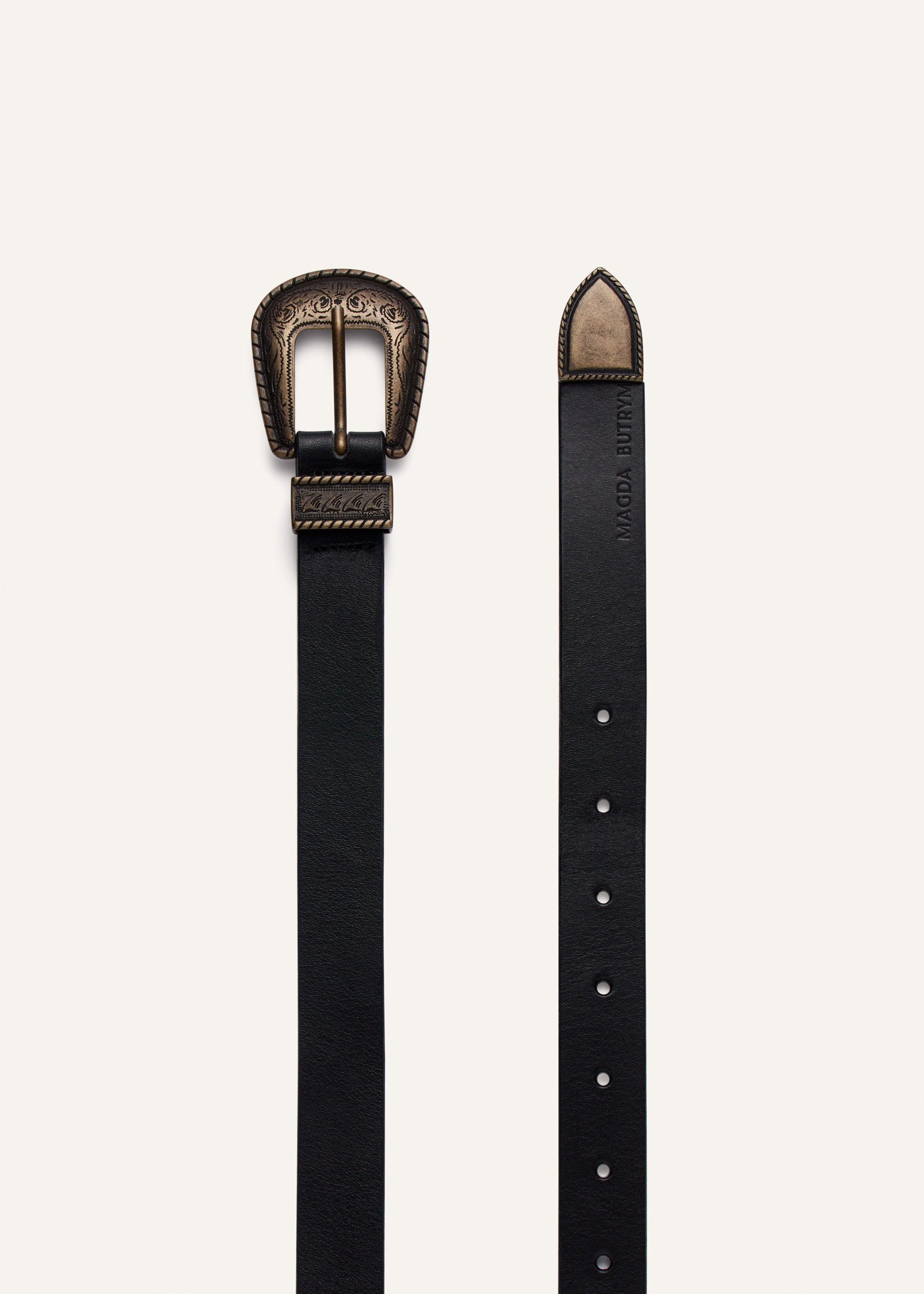 Thin bronze buckle belt in black leather Product Image