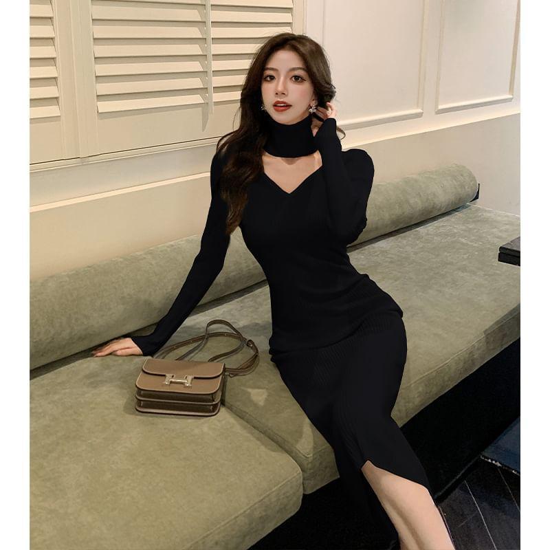 Long-Sleeve V-Neck Plain Ribbed Knit Midi Sheath Dress product image