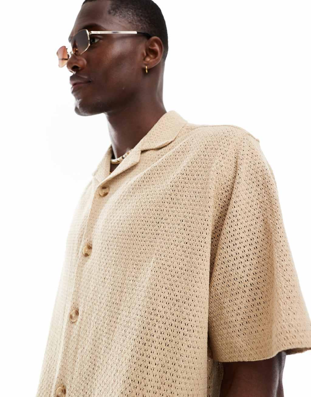 ASOS DESIGN relaxed camp collar textured shirt in beige Product Image