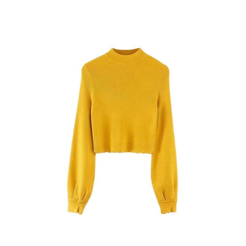 Mock Neck Plain Ribbed Crop Sweater Product Image