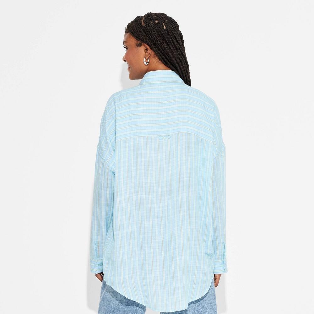 Womens Long Sleeve Oversized Button-Down Shirt - Wild Fable /Blue Striped L Product Image