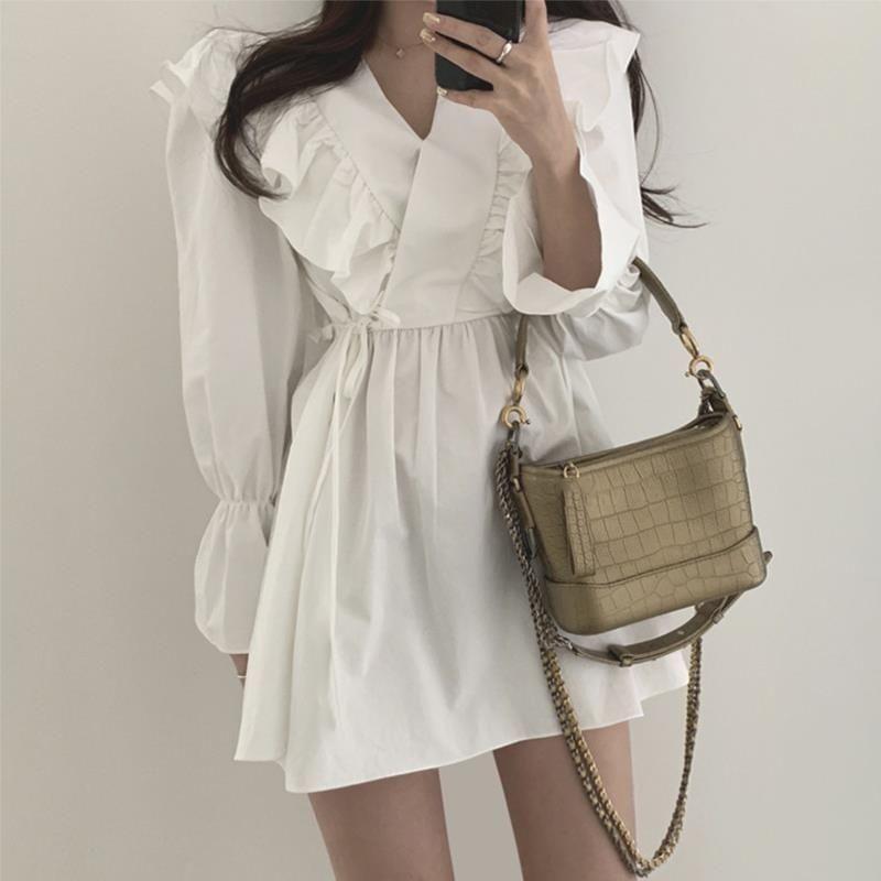 Puff-Sleeve V-Neck Plain Ruffle Mini A-Line Dress Product Image