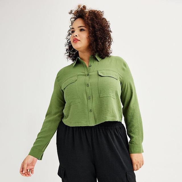 Plus Size INTEMPO Long-Sleeve Cropped Shirt, Womens Product Image