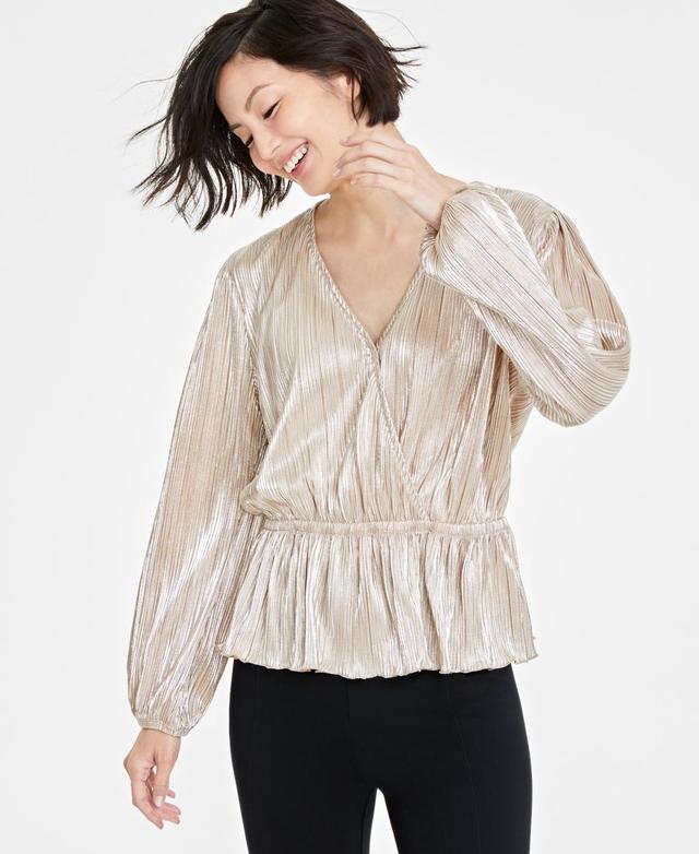 On 34th Womens Metallic Plisse Surplice-Neck Peplum Top, Created for Macys - Black Product Image