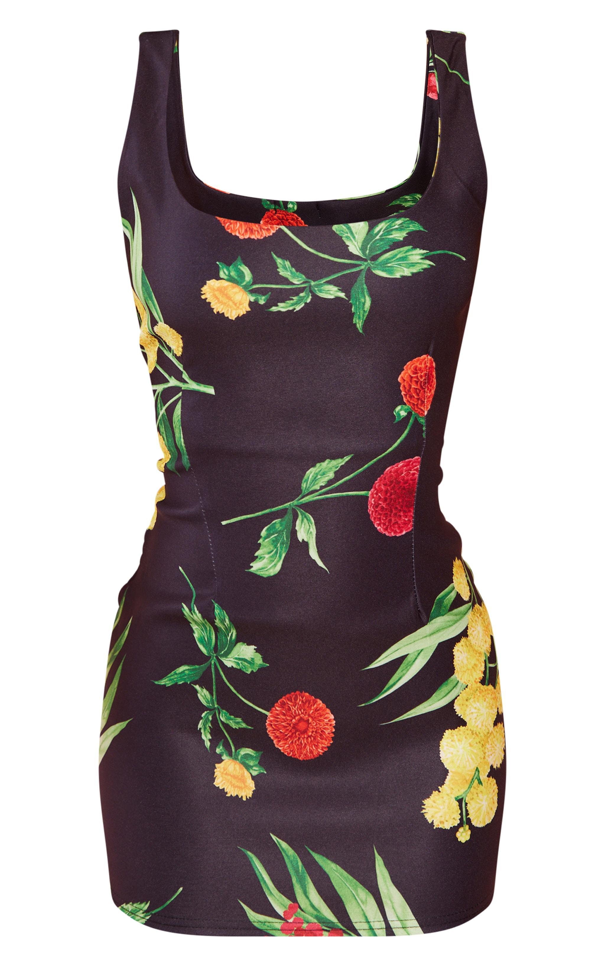 Petite Black Floral Printed Fitted Mini Dress Product Image