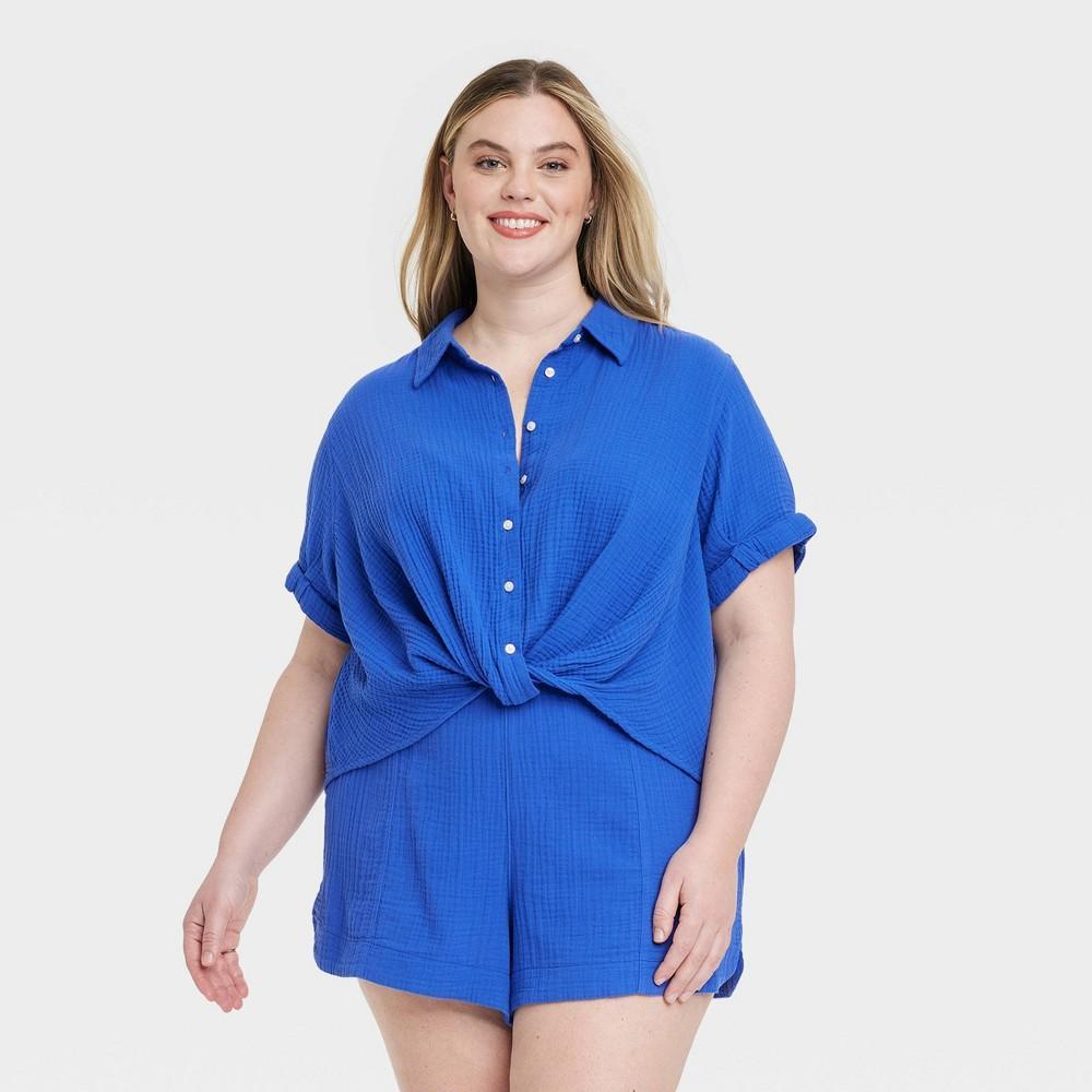 Womens Short Sleeve Collared Twist-Front Button-Down Shirt - Universal Thread Blue 4X Product Image