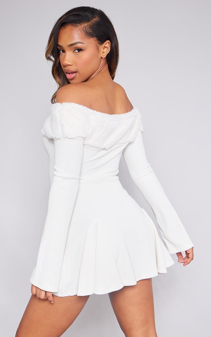 Cream Faux Fur Trim Rib Shift Dress Product Image