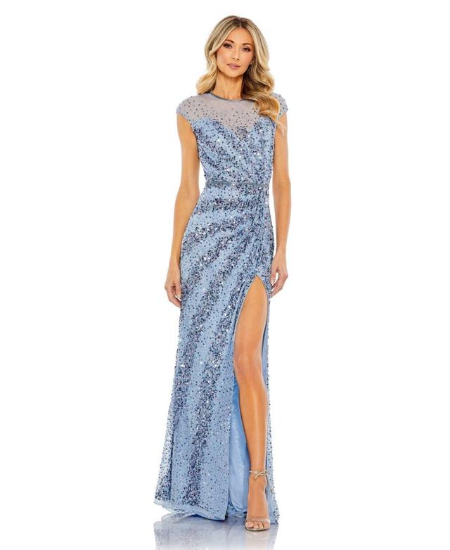 Mac Duggal Embellished Sequin Illusion High Neck Cap Sleeve Thigh High Slit Gown -  14 Product Image