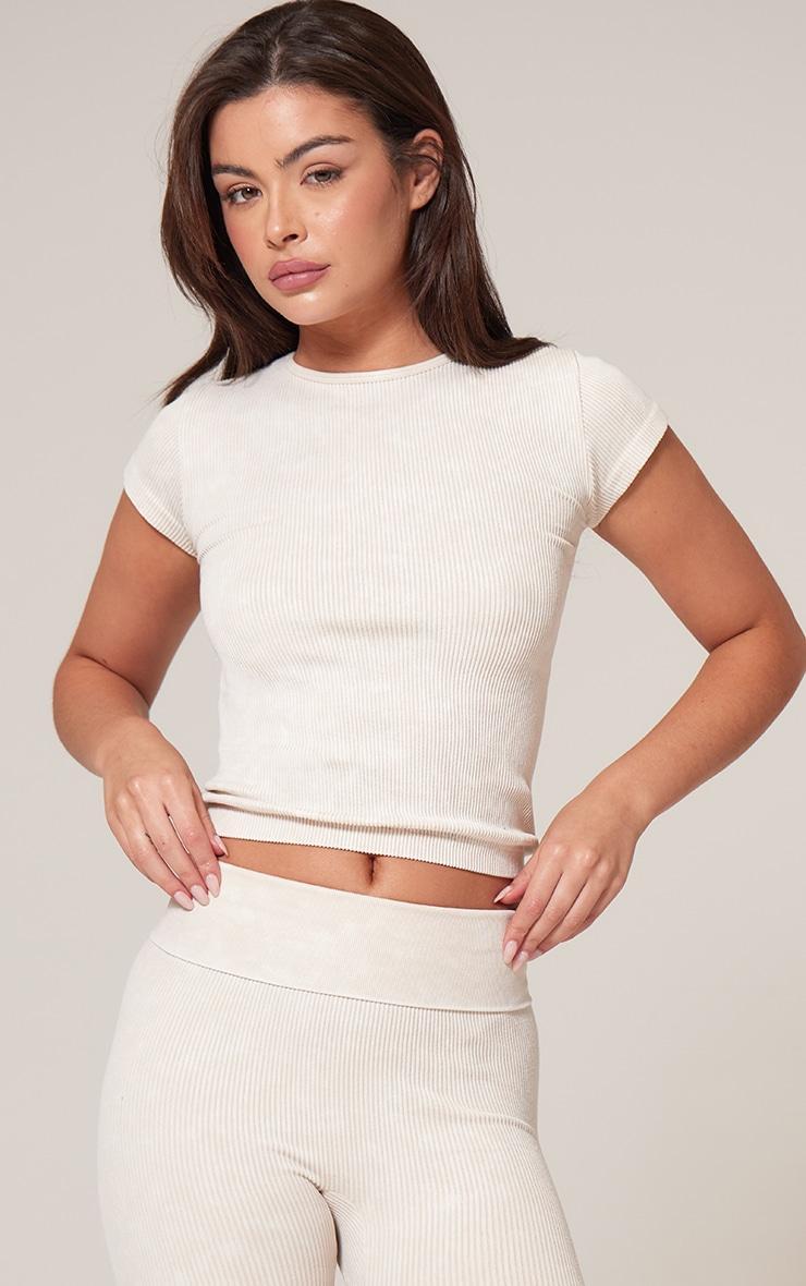 Cream Faded Contour Rib Short Sleeve Detail Crop Top product image