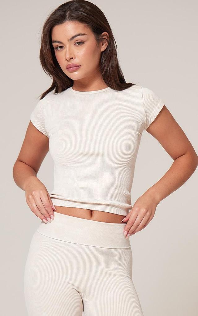 Cream Faded Contour Rib Short Sleeve Detail Crop Top Product Image