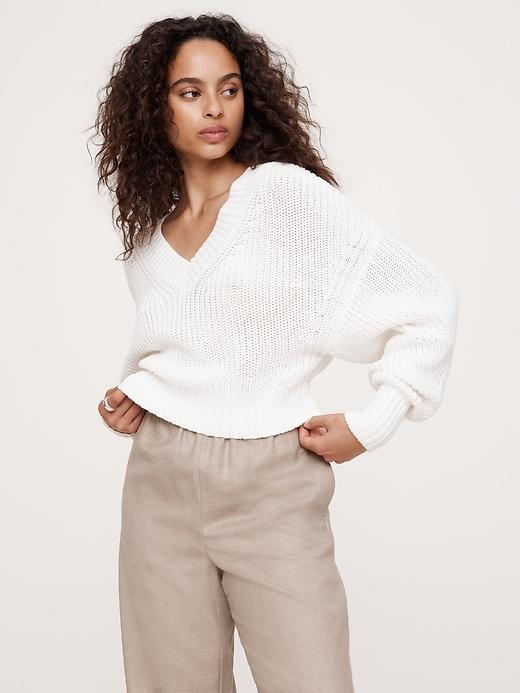 Oversized Cropped V-Neck Cotton Sweater Product Image