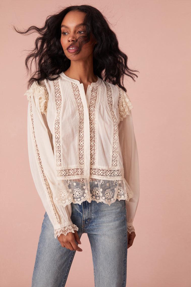 Kava Cotton Ruffle Long Sleeve Blouse Product Image