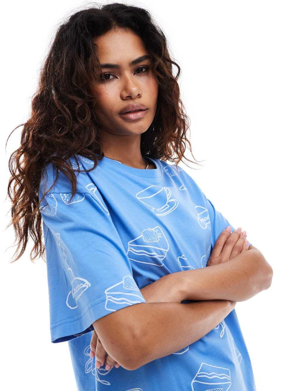 ASOS DESIGN brunch oversized tee & short pajama set in blue Product Image